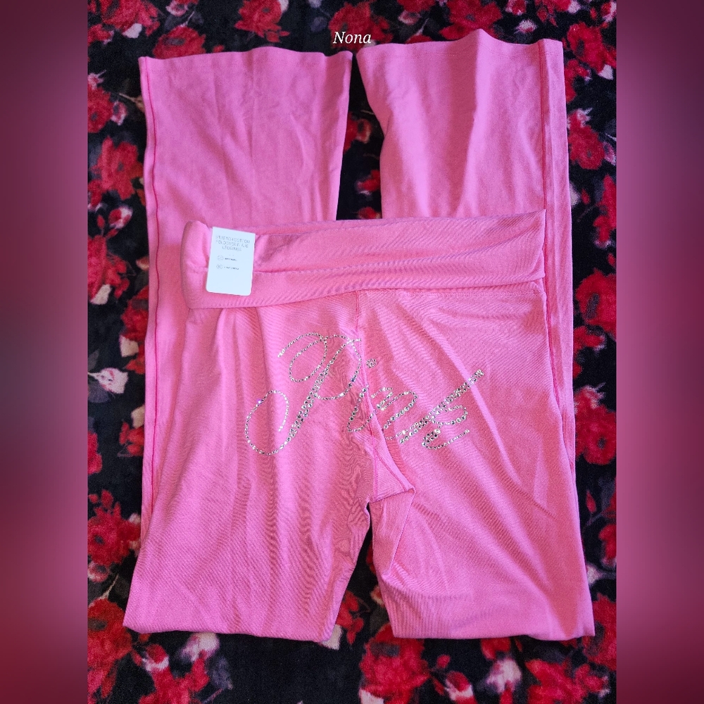 VS PINK Carmine Rose Bling Foldover Flare Leggings Size XXL NWT - Picture 4 of 10